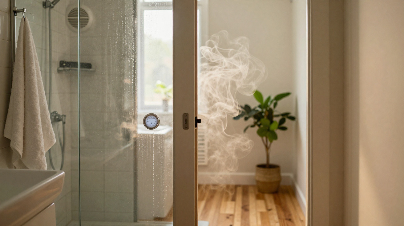 Porta de casa de banho aberta, com toalha pendurada e vapor visível, dando para um espaço com plantas.