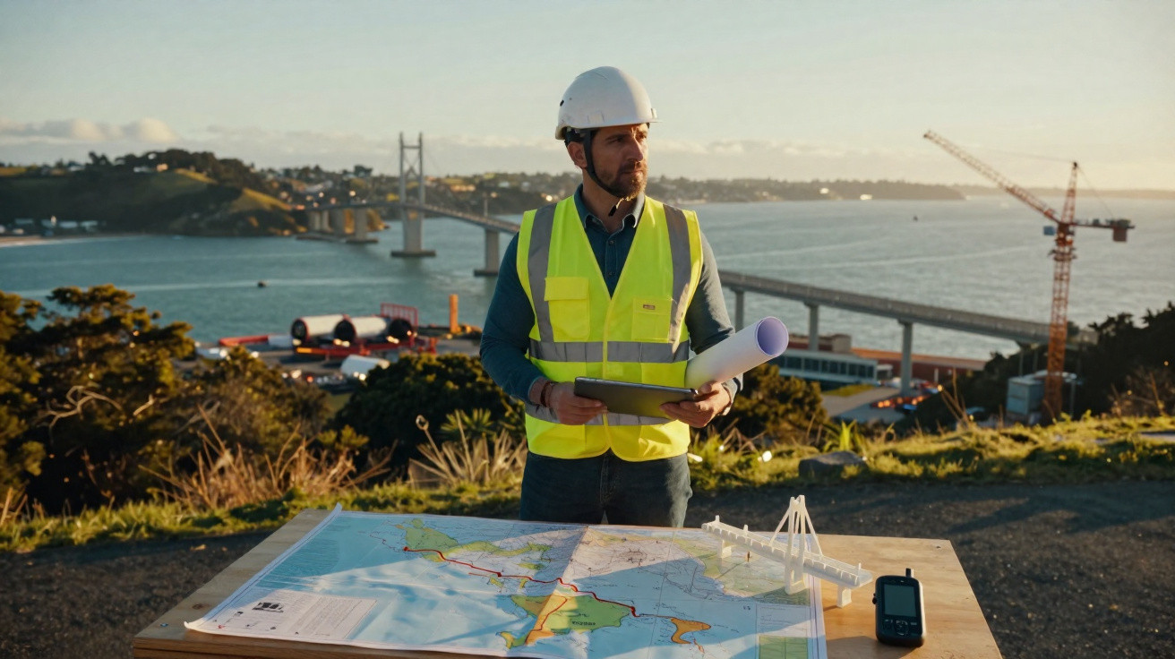 Engenheiro com colete e capacete observa ponte sobre rio, com mapas e maquete em mesa ao ar livre.