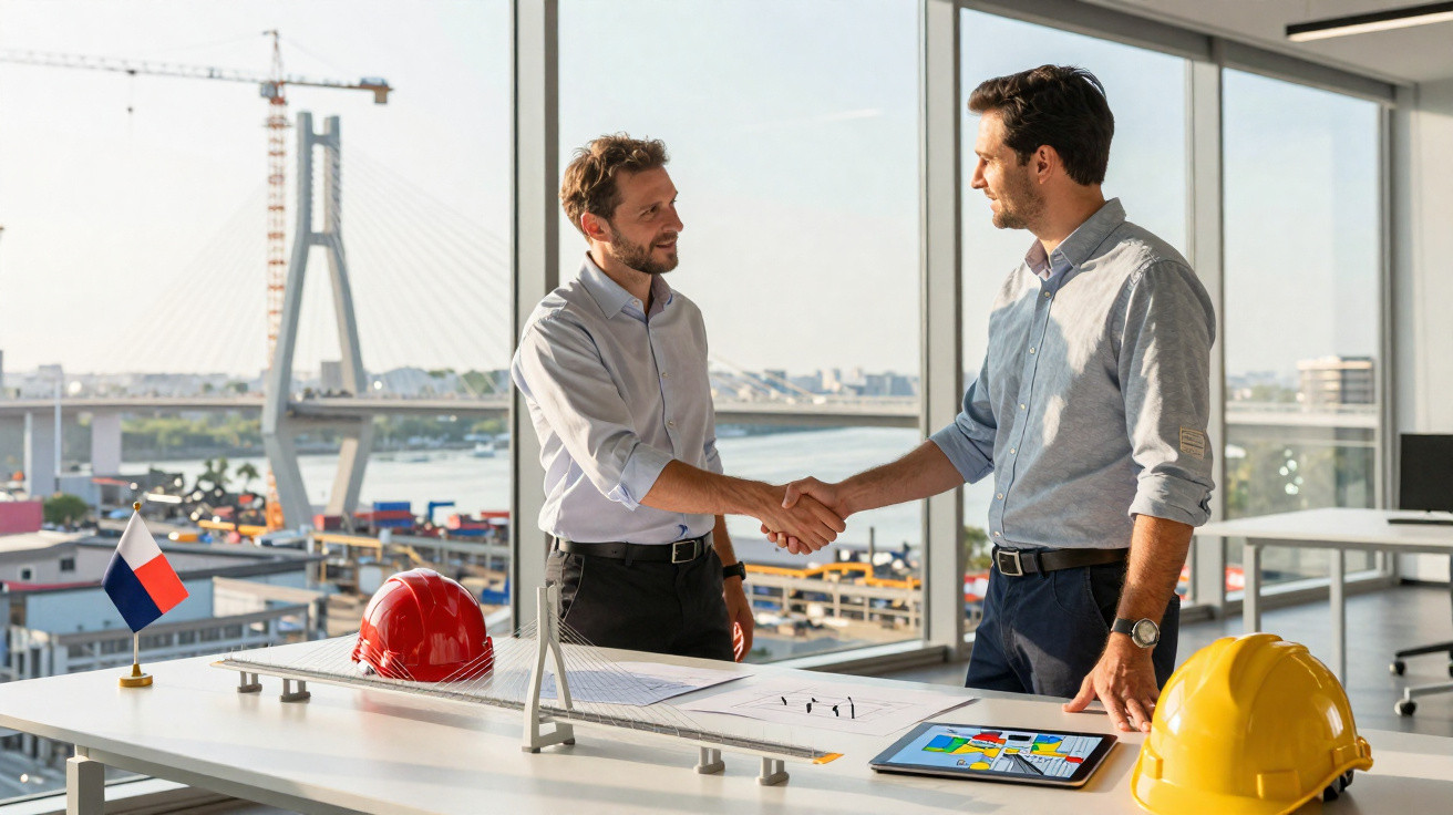Dois homens a cumprimentar-se numa sala de escritório com maqueta de ponte e capacetes de segurança na mesa.