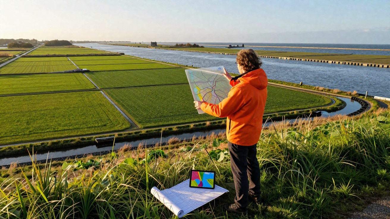 Homem de casaco laranja segura mapa junto a canal, com campos agrícolas e mar ao fundo ao pôr do sol.