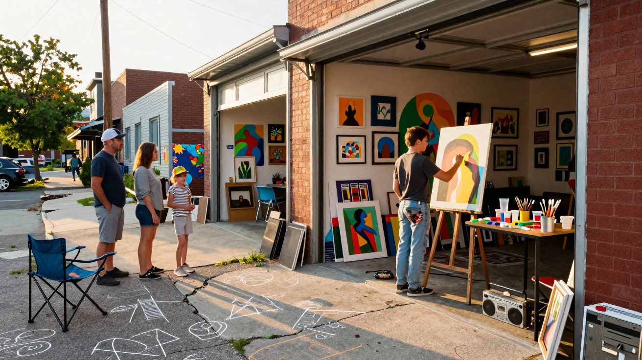 Pessoas a pintar e apreciar quadros num corredor exterior entre edifícios num ambiente artístico comunitário.