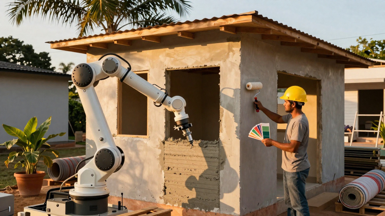 Robô de construção a aplicar reboco numa casa pequena, com operário a escolher cores para pintura.