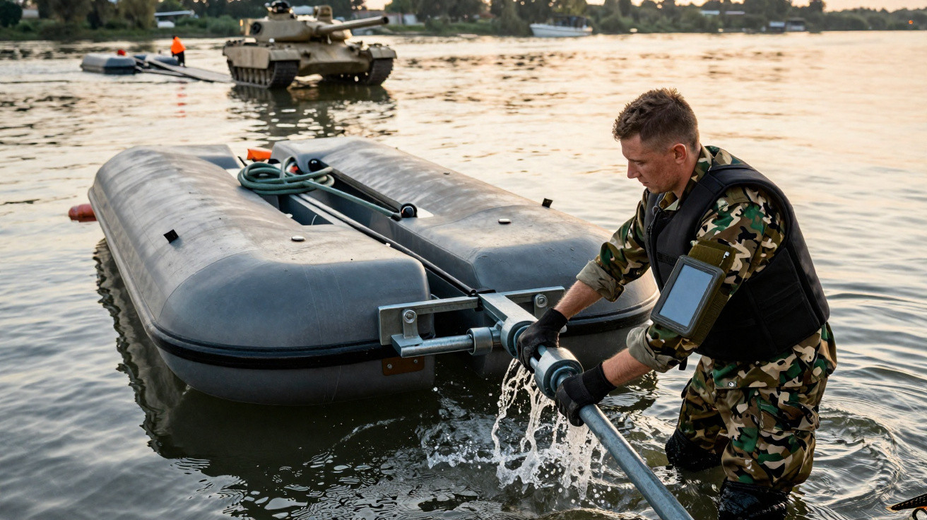 Soldado em farda camuflada prepara bote insuflável na água ao pôr do sol, com tanque ao fundo.