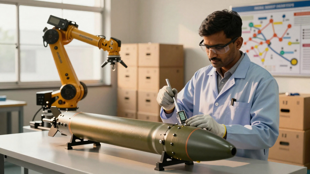Engenheiro em laboratório a trabalhar num dispositivo cilíndrico com braço robótico ao fundo.