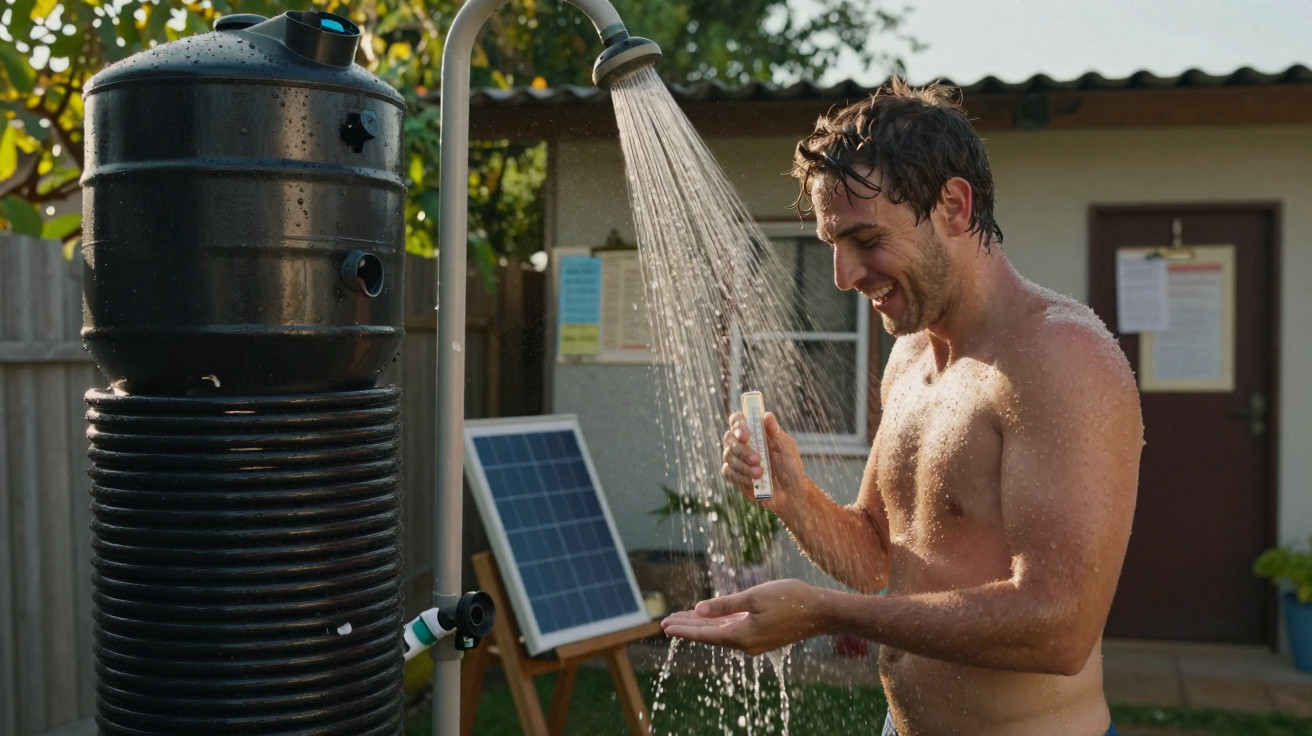 Homem a tomar duche exterior com água a cair de chuveiro em ambiente solar e ao ar livre.