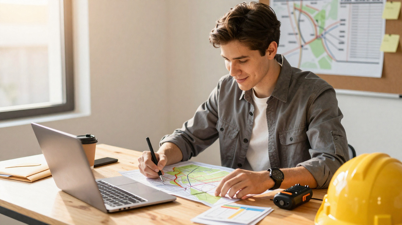 Jovem a trabalhar no desenho de um mapa numa mesa com computador, rádio, capacete e café, numa sala iluminada.