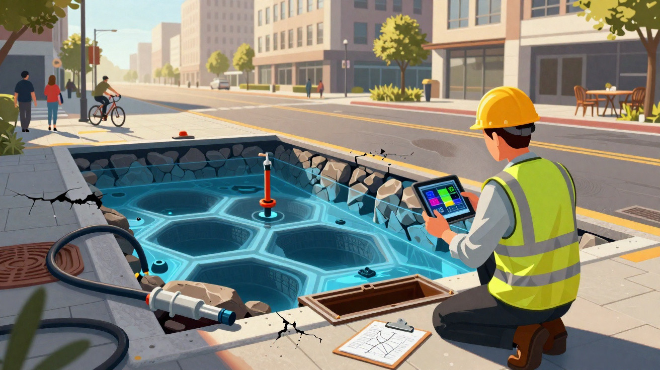 Engenheiro com capacete e colete a verificar sistema tecnológico numa obra urbana com ciclistas ao fundo.