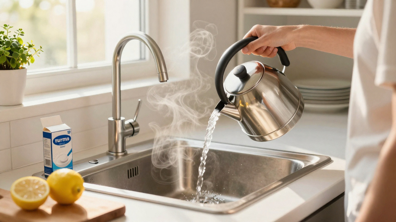 Pessoa a verter água quente de um bule para uma pia de cozinha com vapor visível.