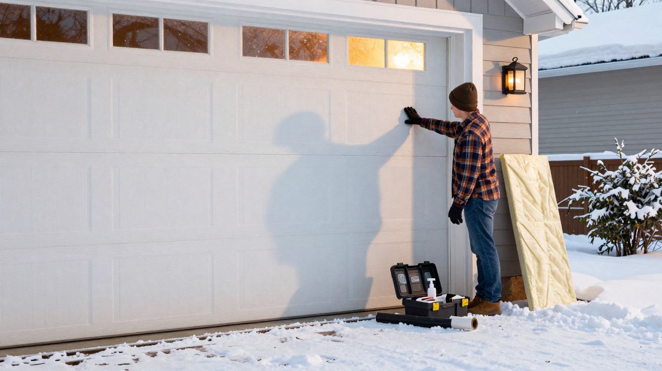 Homem a inspecionar porta de garagem branca com neve no chão em ambiente residencial ao entardecer.