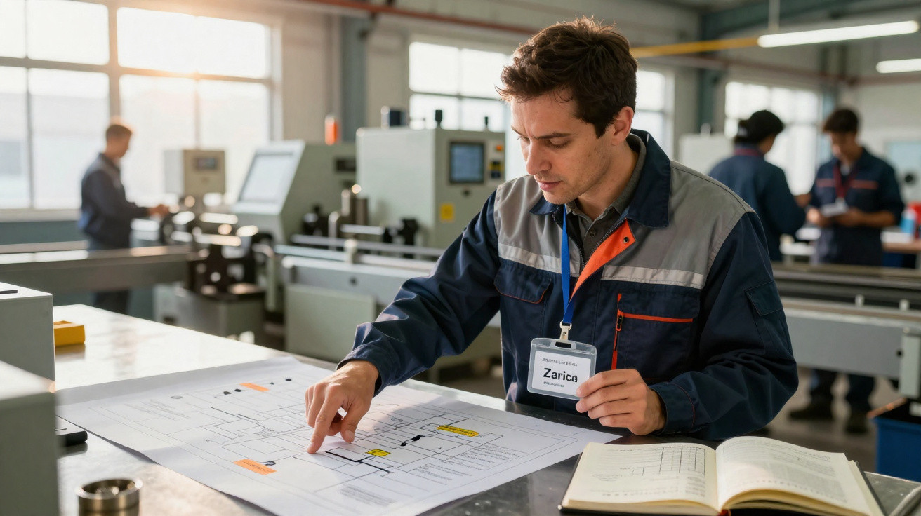 Homem com bata de trabalho consulta planta técnica numa mesa numa fábrica com livro aberto ao lado.