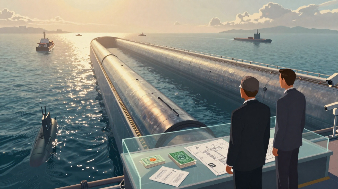 Duas pessoas observam submarino e barcos no mar junto a estrutura gigante com câmara de segurança ao pôr do sol.
