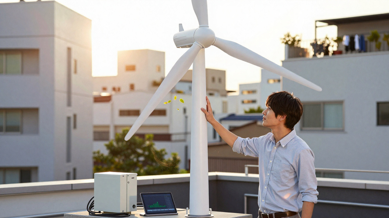 Homem jovem a tocar numa turbina eólica num terraço urbano ao pôr do sol.