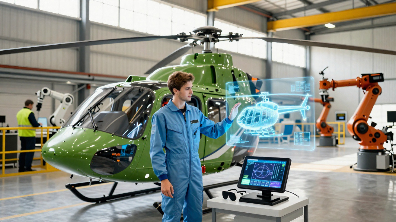 Engenheiro em oficina interage com holograma de helicóptero, com robôs industriais e helicóptero verde ao fundo.