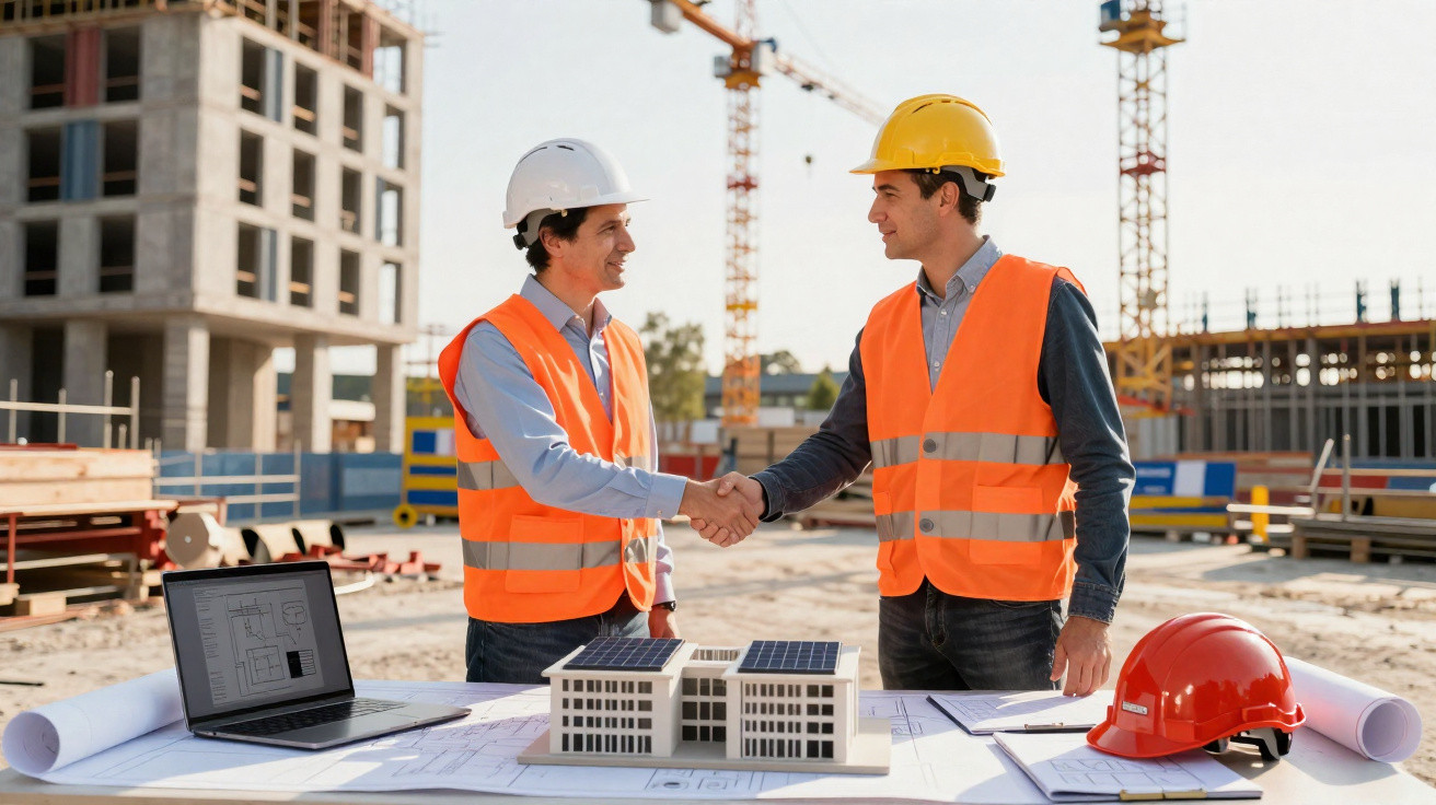 Dois engenheiros com coletes refletivos e capacetes apertam as mãos num estaleiro com planta de construção.