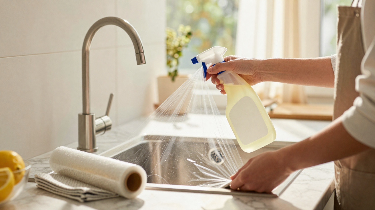 Mãos a limpar uma torneira de cozinha com spray e pano branco junto a janela ensolarada.