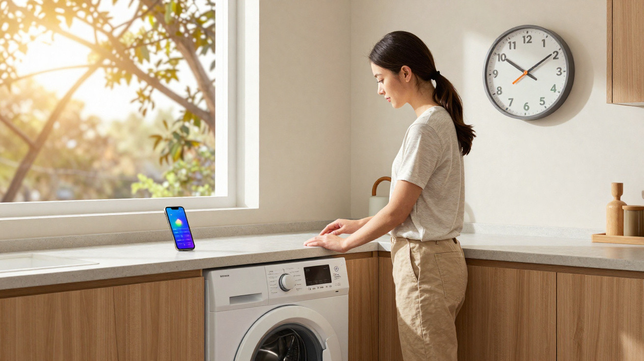 Pessoa a usar telemóvel numa cozinha clara com máquina de lavar e relógio na parede às 10:10.