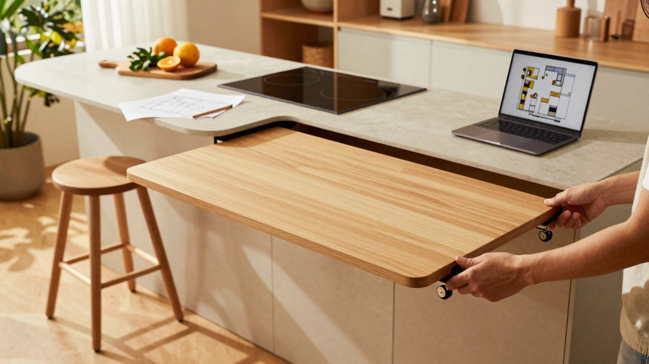 Pessoa a montar mesa extensível de madeira numa cozinha moderna com computador portátil e fruta na bancada.