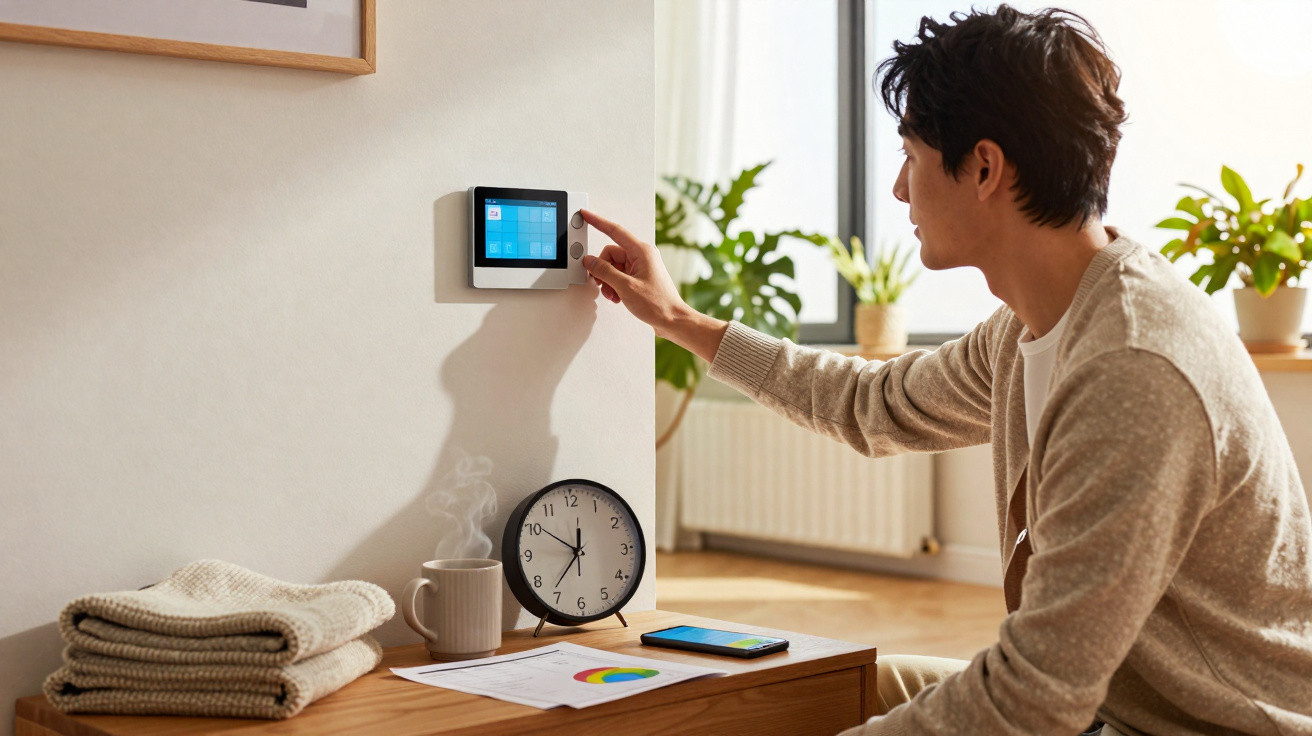 Homem ajusta termostato digital numa sala com caneca quente, telefone e relógio numa mesa de madeira.
