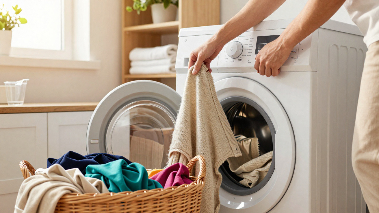 Pessoa a colocar roupa suja numa máquina de lavar roupa, com cesto cheio ao lado.