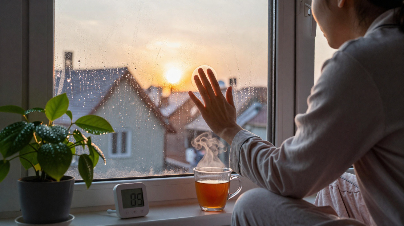 Pessoa em pijama toca janela embaciada ao nascer do sol, com chá quente e planta na peanha da janela.