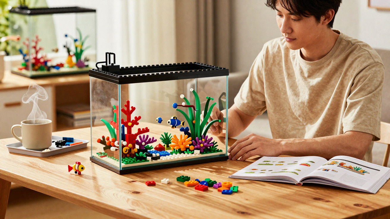 Homem monta aquário de LEGO colorido numa mesa de madeira com livro e chá quente ao lado.