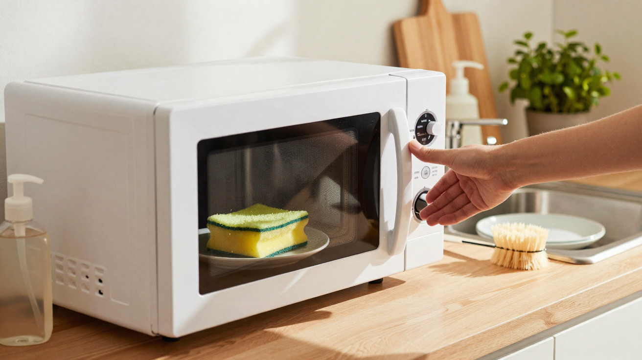 Micro-ondas branco com uma esponja amarela no interior, mão ajusta o temporizador numa cozinha iluminada.