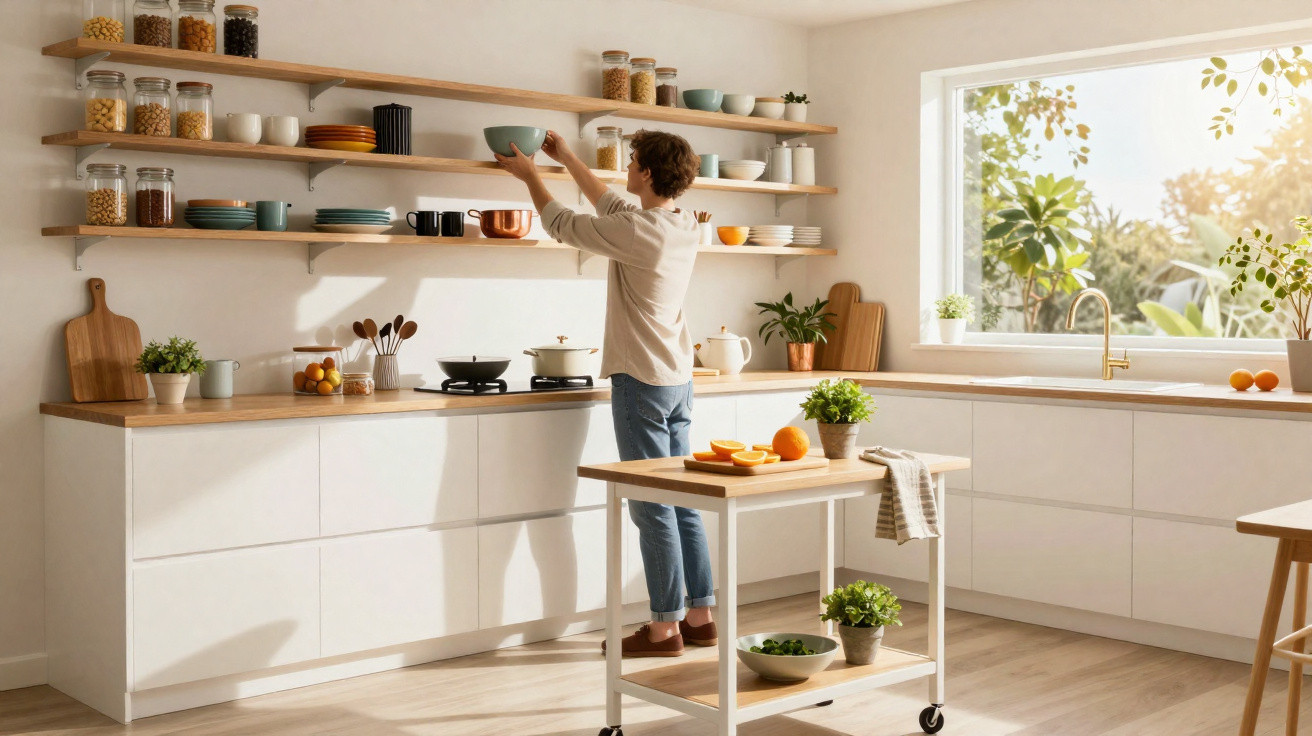 Pessoa a arrumar jarros e utensílios em prateleiras numa cozinha moderna, com luz natural e decoração minimalista.