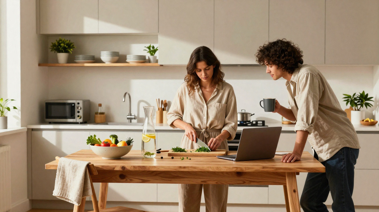 Casal a preparar legumes numa cozinha moderna e luminosa com mobiliário de madeira clara.