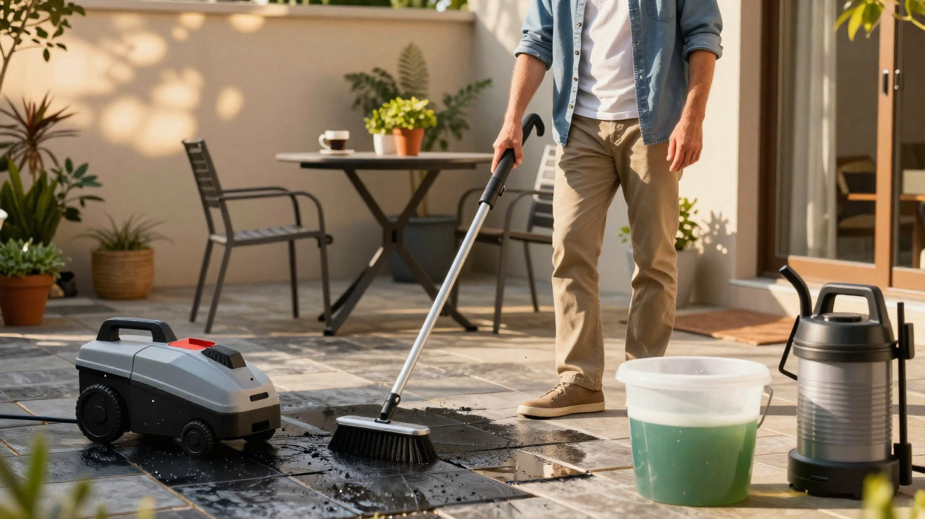 Pessoa a limpar chão exterior sujo com escova e balde num terraço com mesa e cadeiras.