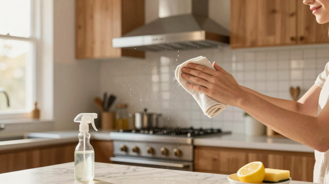 Pessoa a limpar a parede de vidro da cozinha com um pano branco e produto de limpeza junto ao fogão.