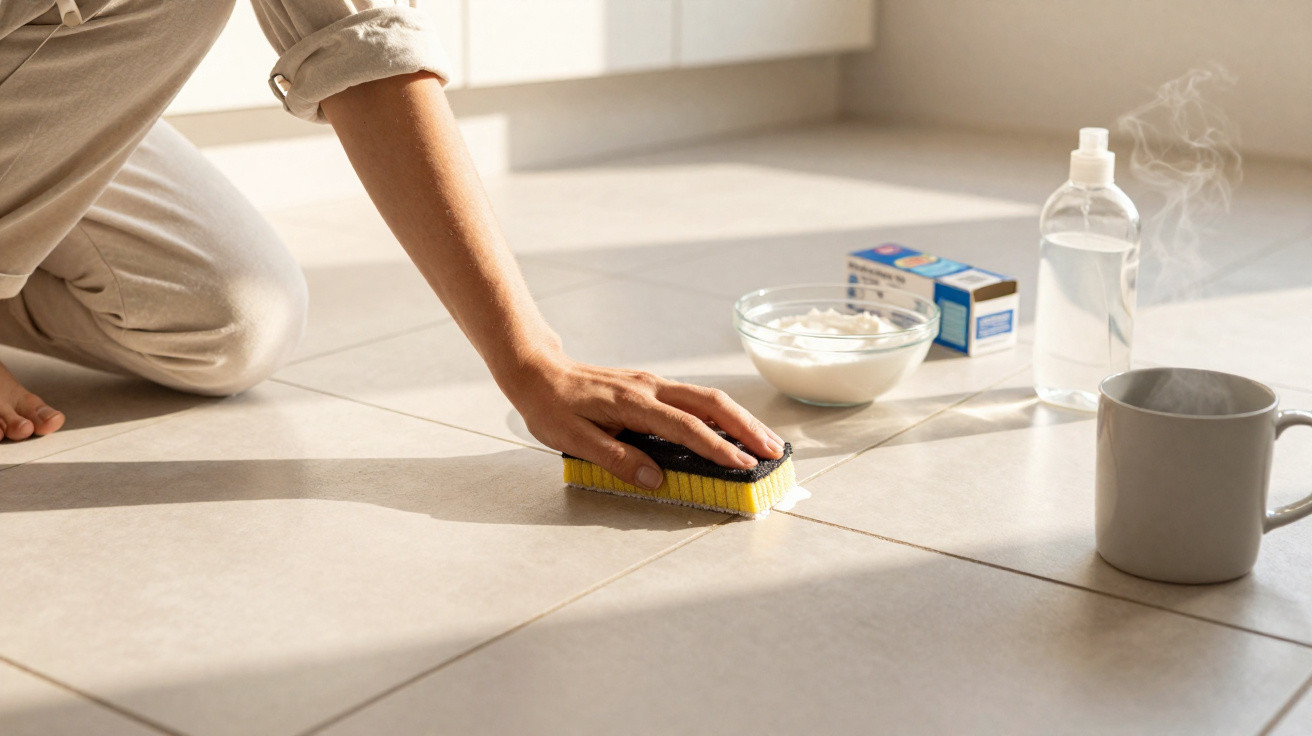 Pessoa a limpar chão com esponja, com produtos de limpeza e chá quente ao lado.