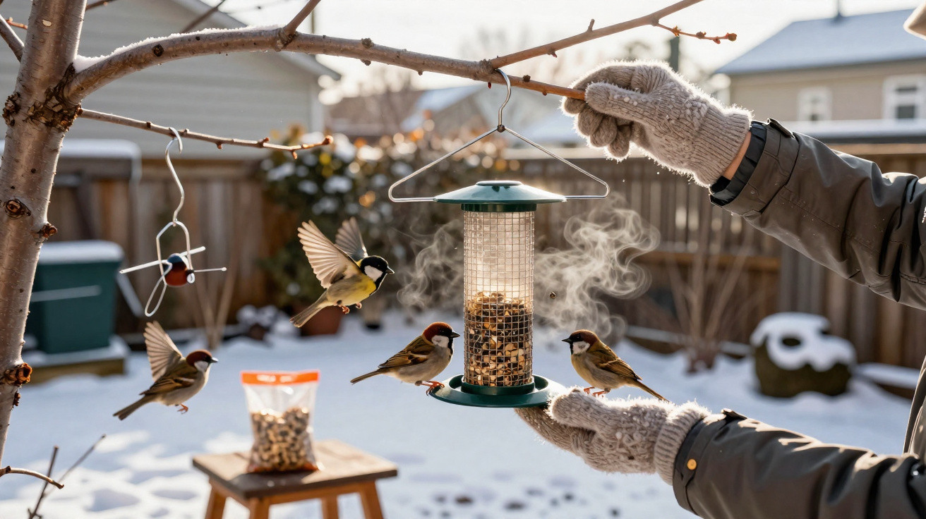 Mãos com luvas a pendurar comedouro de aves com sementes num galho, com pardais a alimentar-se no inverno.