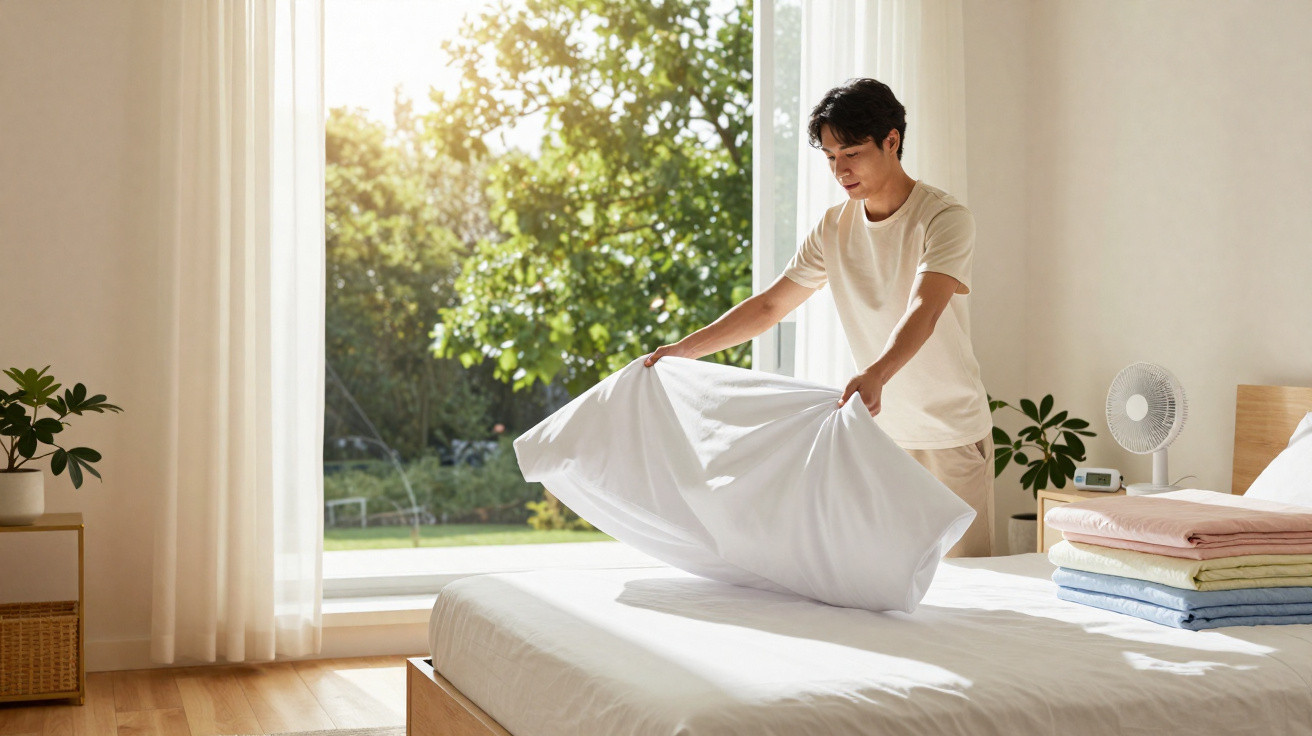 Homem a arrumar a cama com lençóis brancos num quarto luminoso com vista para jardim.