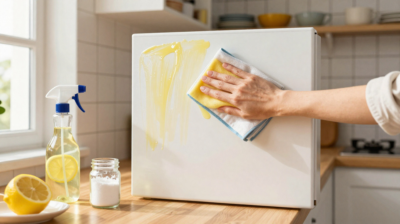 Pessoa a limpar o exterior branco de um portátil com um pano azul e amarelo numa cozinha iluminada.