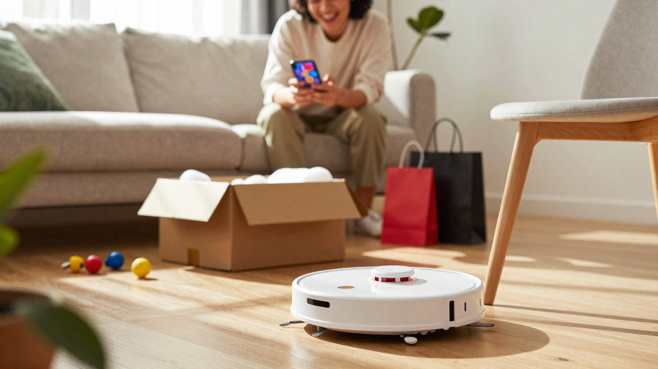 Robô aspirador a limpar chão de madeira numa sala, com pessoa sorridente ao fundo sentada no sofá.