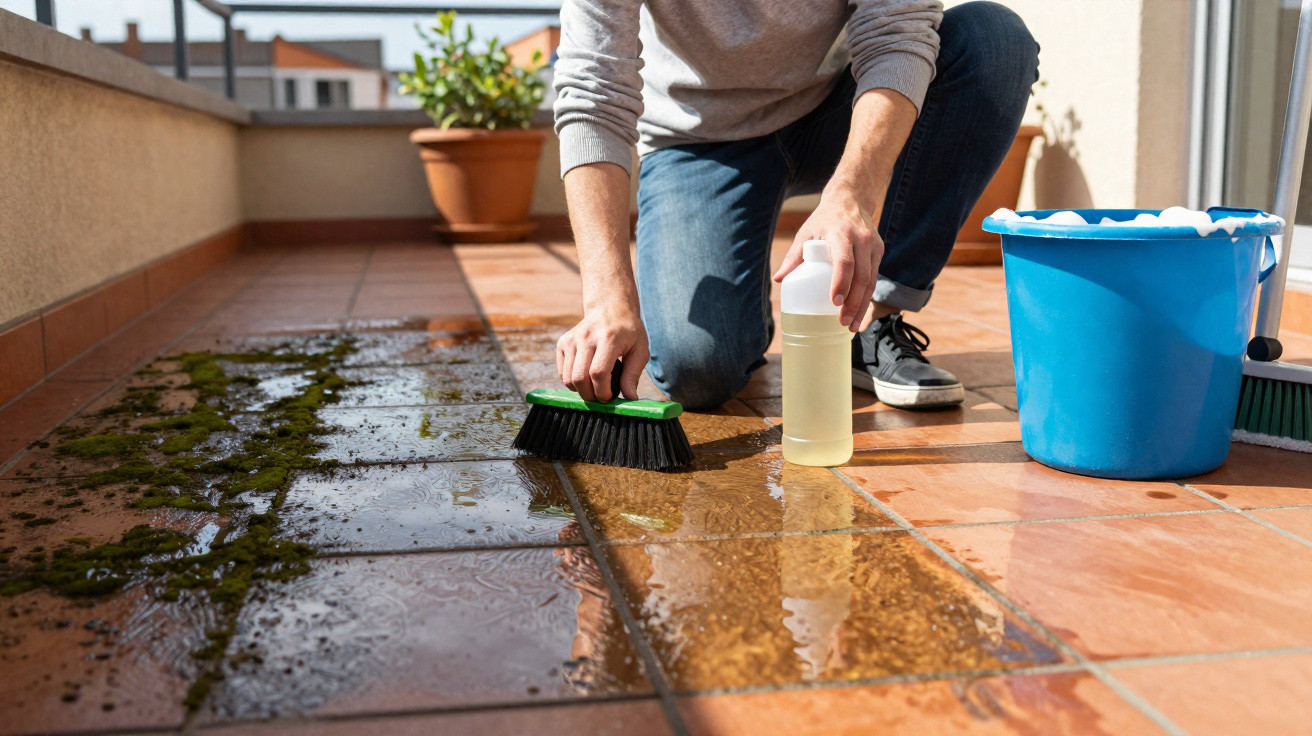 Pessoa a limpar musgo e sujidade do chão de um terraço com escovas e balde.