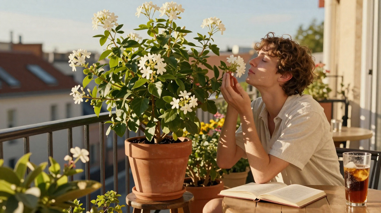 Pessoa num terraço a cheirar flores brancas num vaso com livro aberto e copo de bebida gelada na mesa.
