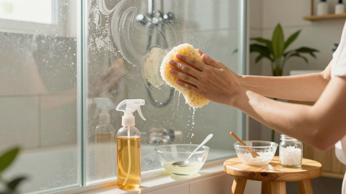 Pessoa a limpar um espelho de casa de banho com uma esponja e produtos de limpeza na banheira.