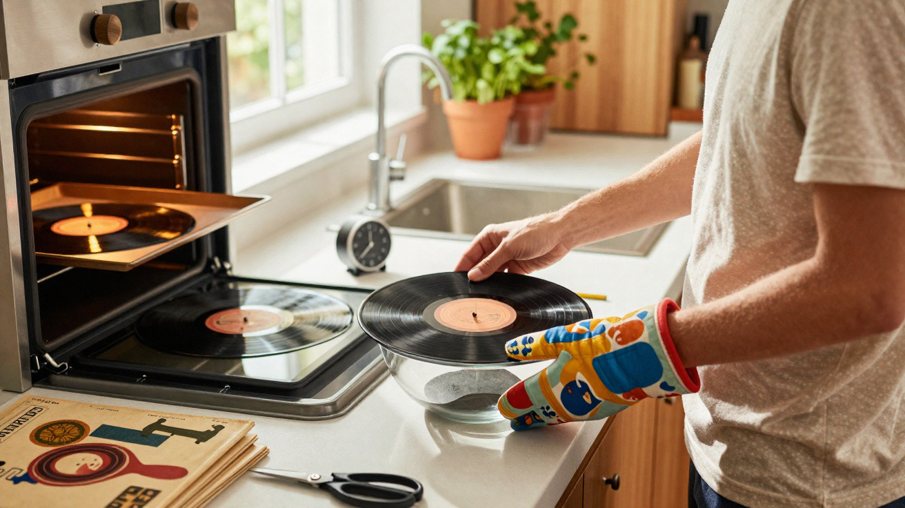 Pessoa a segurar discos de vinil com luvas, perto de forno e pilha de capas de discos numa cozinha iluminada.