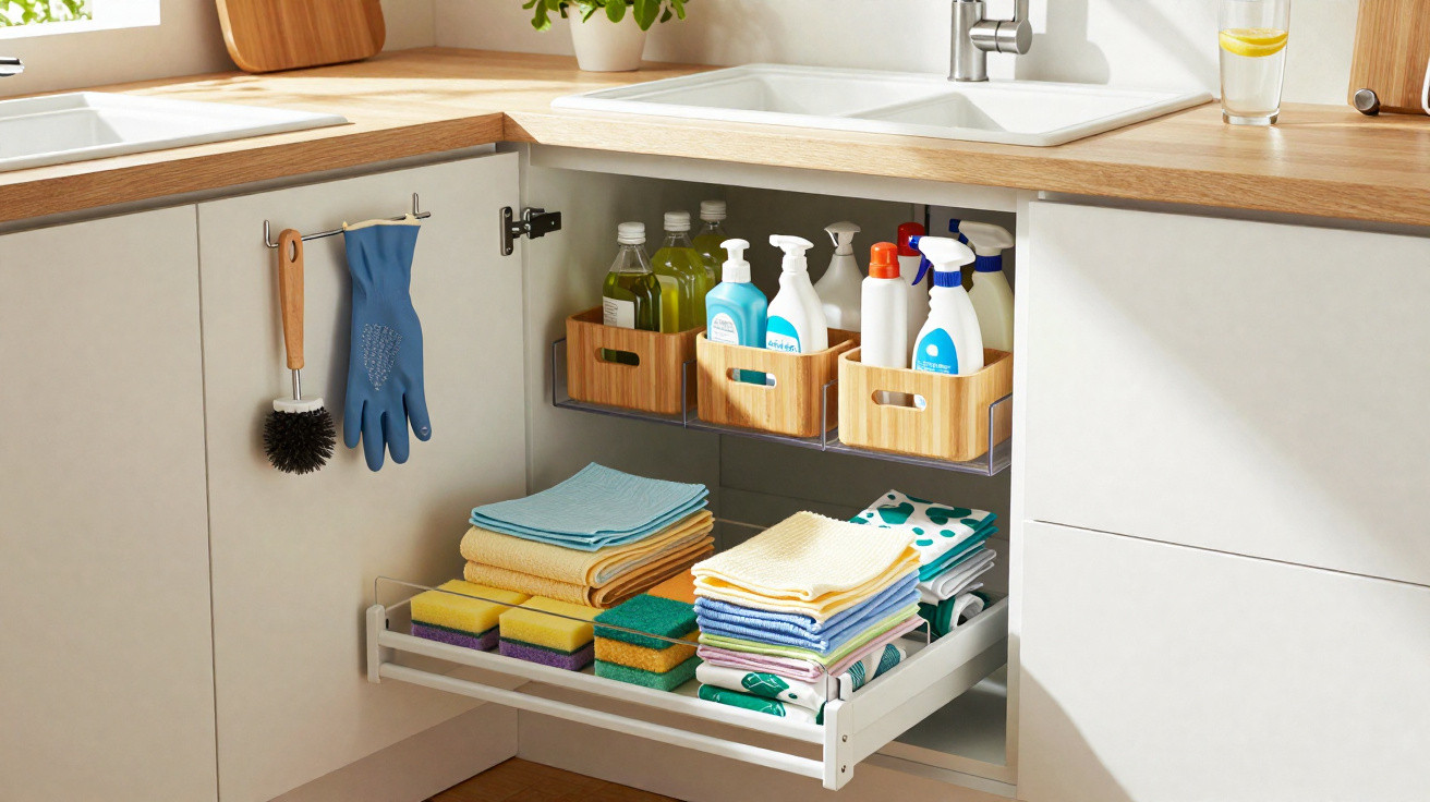 Armário de cozinha organizado com produtos de limpeza, esponjas, panos e luvas penduradas.