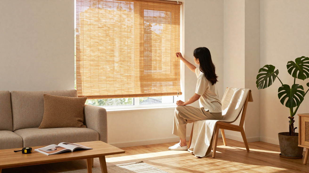 Pessoa a levantar estores de bambu numa sala luminosa com sofá, mesa de madeira e planta verde.