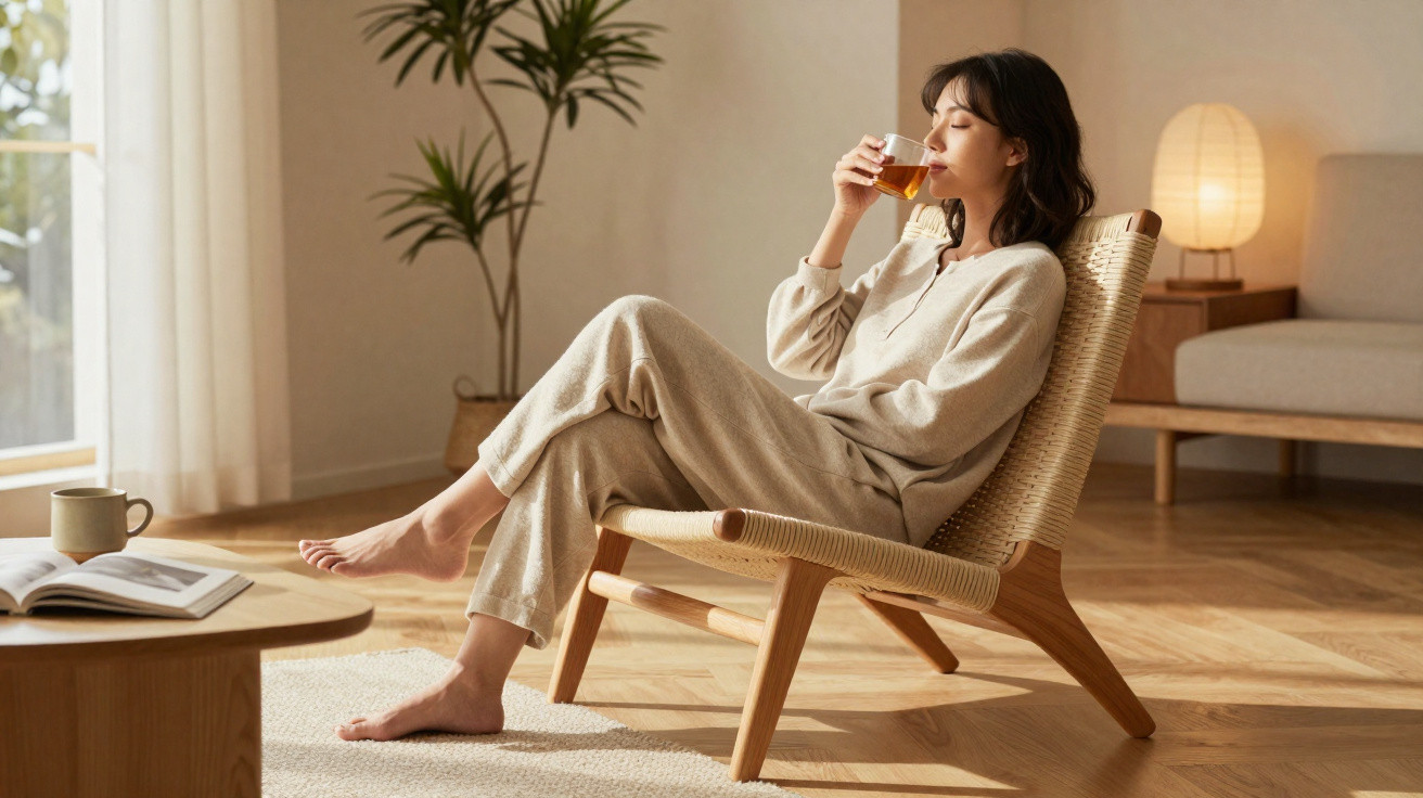 Mulher sentada numa cadeira de madeira a beber chá num ambiente minimalista e luminoso.