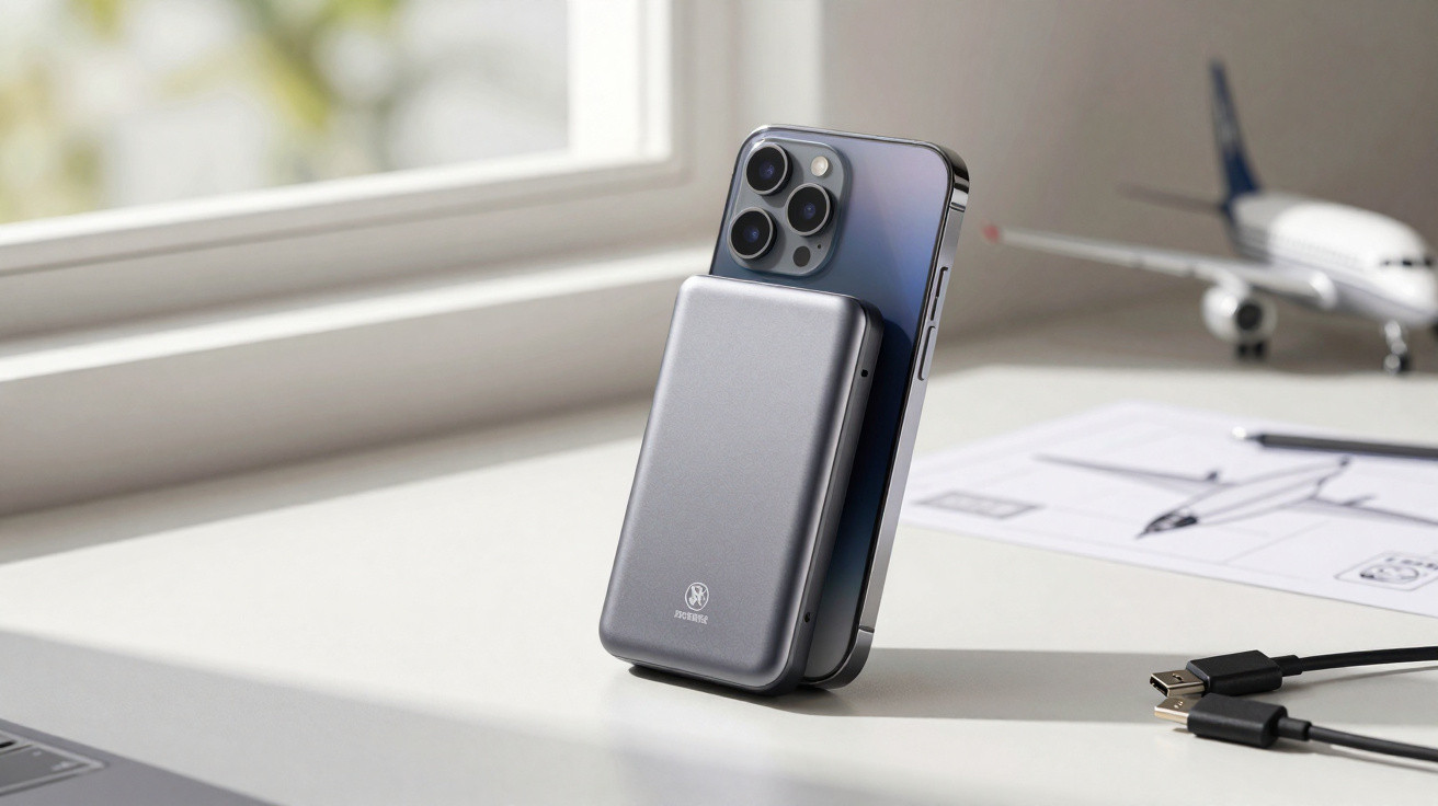 Bateria portátil cinza apoiada num smartphone sobre uma secretária branca junto a uma janela.
