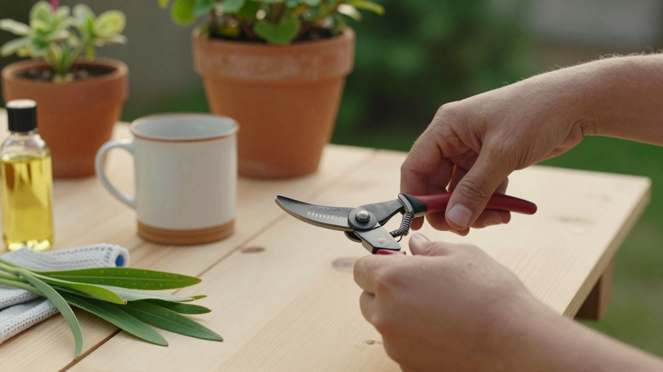 Mãos seguram tesoura azul de jardinagem sobre mesa branca com luvas, folhas e plantas em vaso ao fundo.