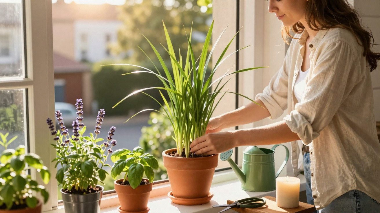Pessoa a cuidar de plantas em vasos numa janela com luz natural ao amanhecer.
