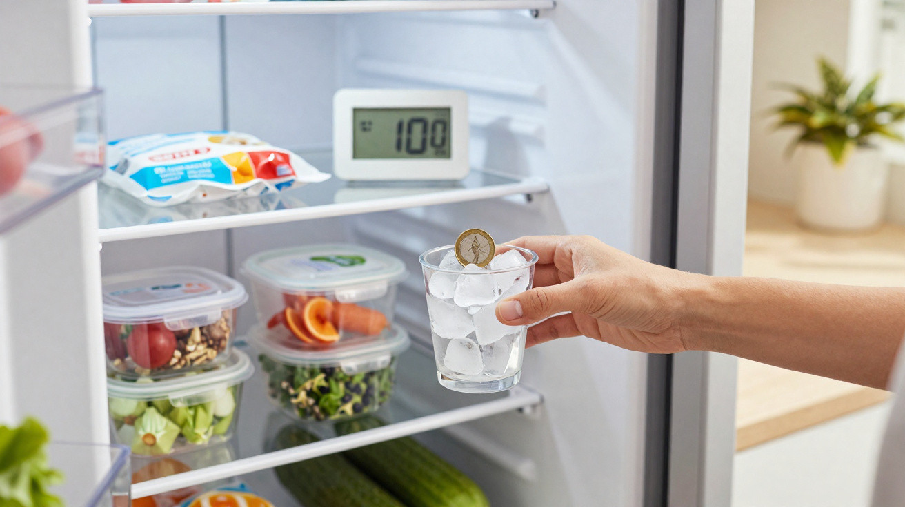 Mão a colocar uma moeda num copo com gelo dentro de um frigorífico aberto com alimentos visíveis.