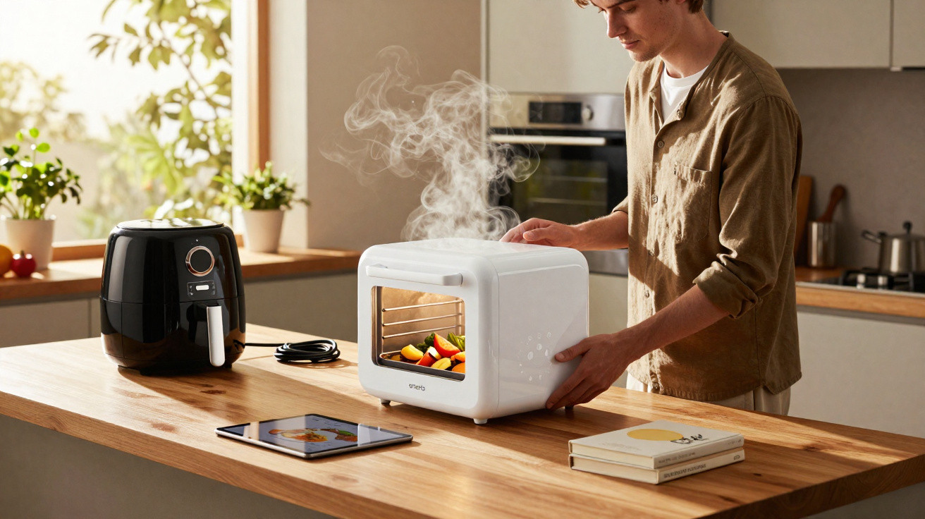 Pessoa a usar forno elétrico branco com vapor a sair, numa cozinha moderna, com fritadeira e tablet à vista.