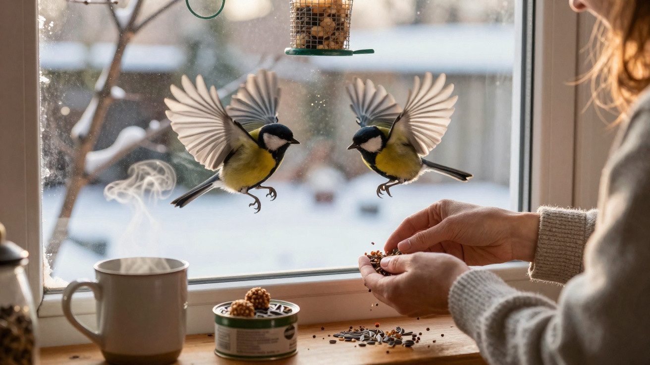 Dois pássaros voam junto a janela enquanto pessoa alimenta-os com sementes no inverno.