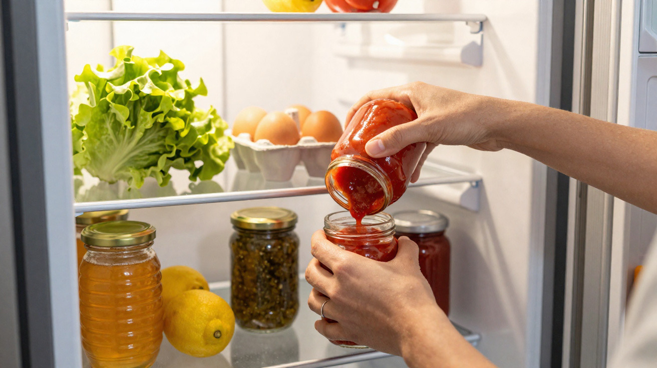 Mãos a colocar frasco de molho de tomate na porta do frigorífico com outros frascos e legumes ao fundo.