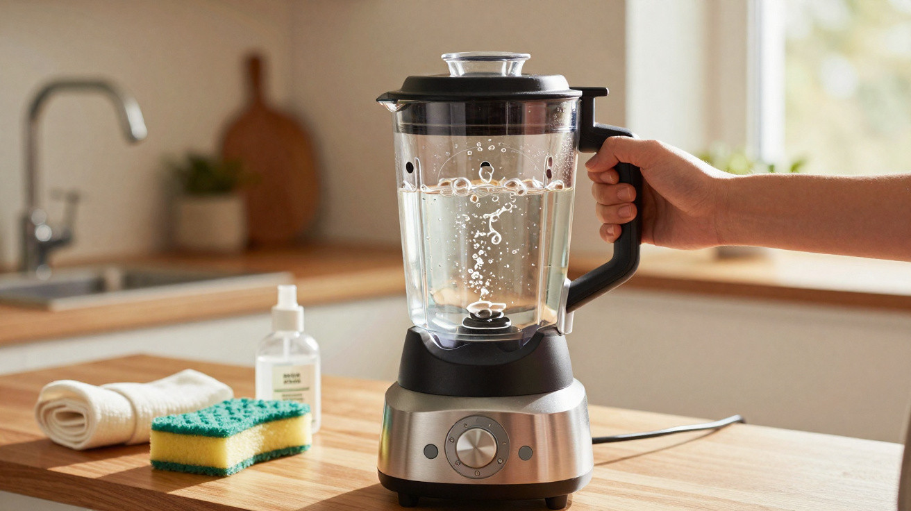 Pessoa a ajustar liquidificador preto com água numa cozinha com bancada de madeira e esponja.